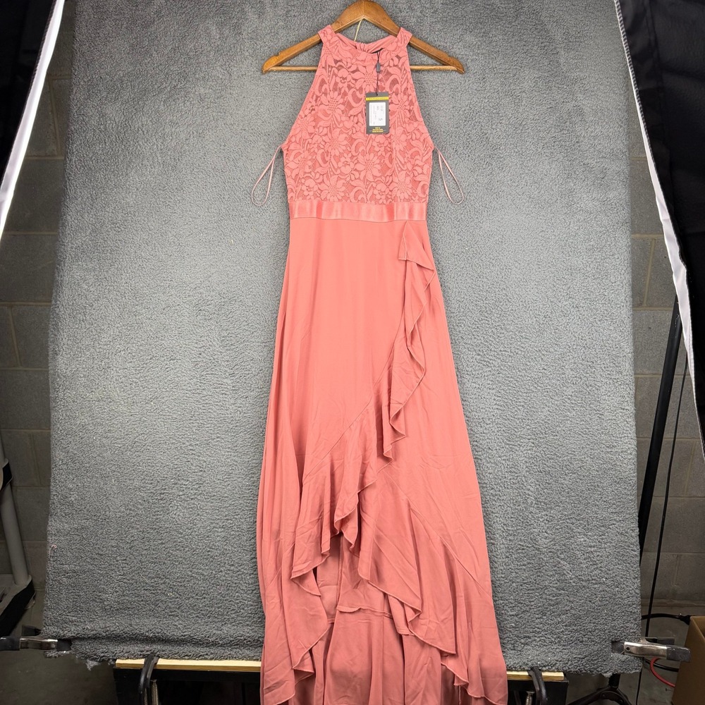 Miusol Women Pink Lace Halter Ruffle High Low Evening Maxi Dress 23188 S NEW